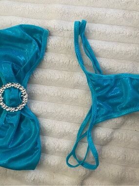Teal Stripper Bikini Set with Rhinestone Accent